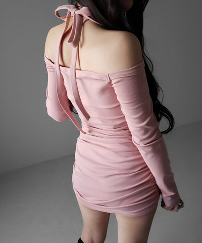 【 クロスネックにもできる３WAY 】フロントリボンオフショルワンホンタイトミニワンピース ／ front ribbon off shoulder wanghong mini onpiece