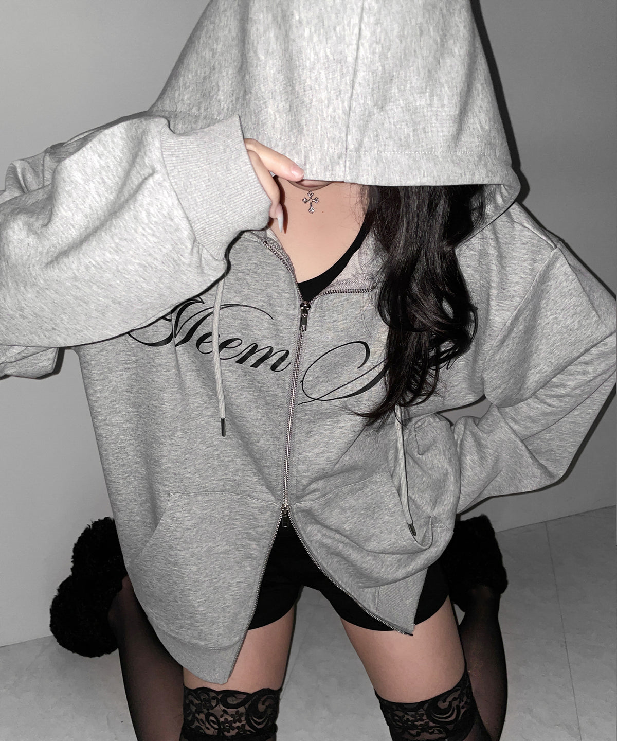 【 セットアップ可能 】レタリングロゴプリントダブルジップビッグパーカー ／ lettering logo print double zip BIG hoodie