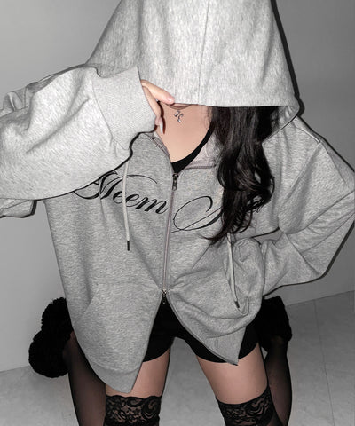 【 セットアップ可能 】レタリングロゴプリントダブルジップビッグパーカー ／ lettering logo print double zip BIG hoodie