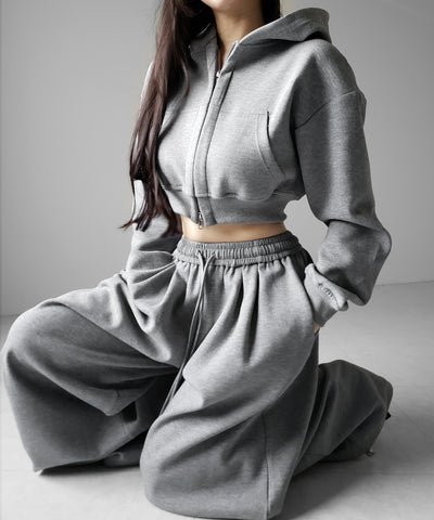 【 セットアップ 】ダブルジップショートパーカー ＋ タックワイドスウェットパンツ SET ／ double zip short hoodie + tuck wide sweat pants SET