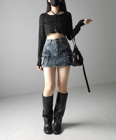 【 ３size ／ ２color 】ダブルポケットヴィンテージカーゴデニムミニスカパン ／ double pocket vintage cargo denim mini skirt pants