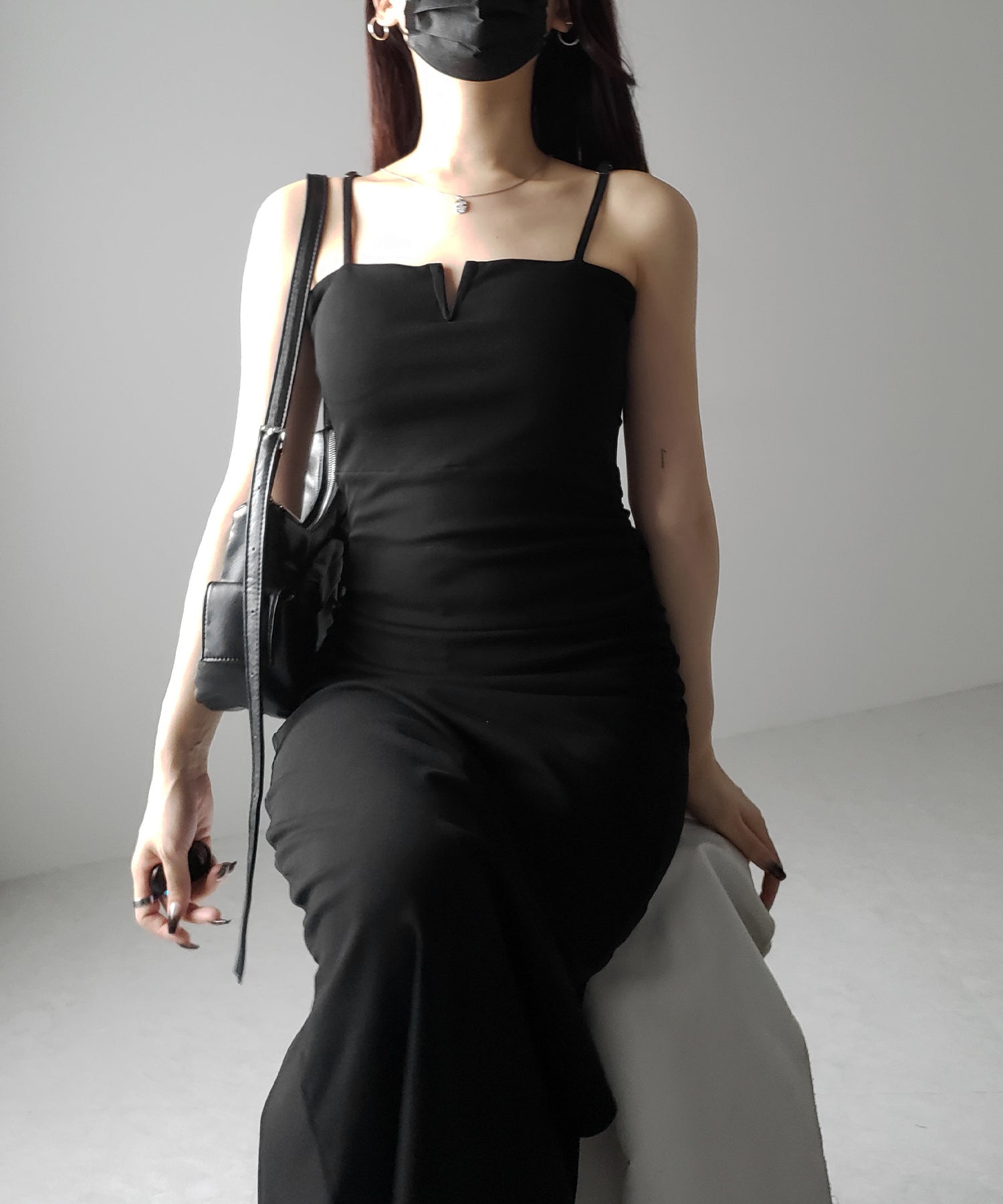 【 パッド付き 】バックストラップサイドシャーリングスリットロングキャミワンピース ／ back strap side shirring slit long cami onepiece