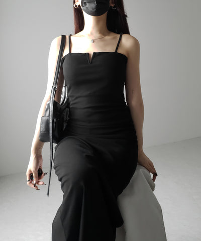 【 パッド付き 】バックストラップサイドシャーリングスリットロングキャミワンピース ／ back strap side shirring slit long cami onepiece