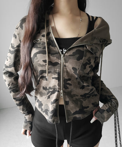 ヴィンテージカモフラダブルジップカットパーカー ／ vintage camouflage double zip cut hoodie
