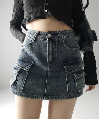 【 ３size ／ ２color 】ダブルポケットヴィンテージカーゴデニムミニスカパン ／ double pocket vintage cargo denim mini skirt pants