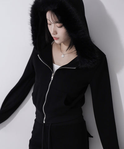 【 セットアップ 】ファーフードショートパーカー＆スウェットフレアパンツ ／ Fur short hoodie ＆ sweat flare pants SETUP
