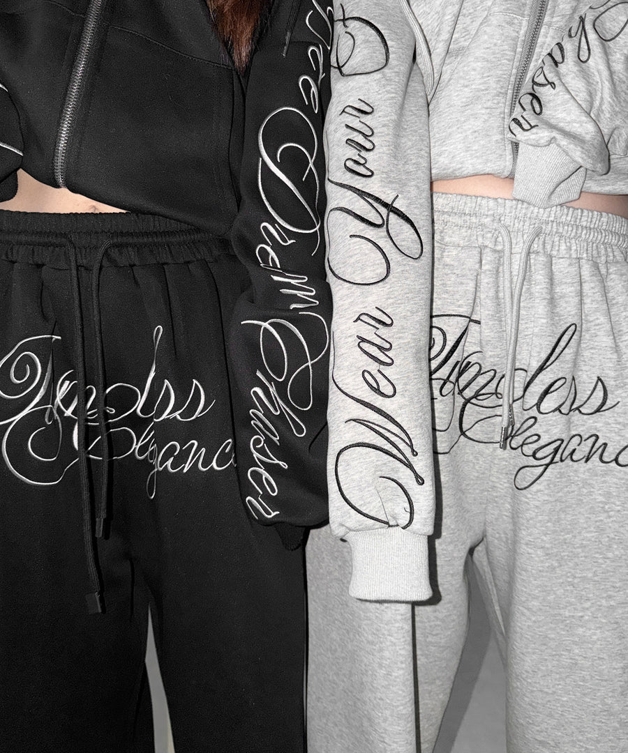 フロントレタリングロゴ刺繍ワイドスウェットパンツ ／ front lettering logo embroidery wide sweatp