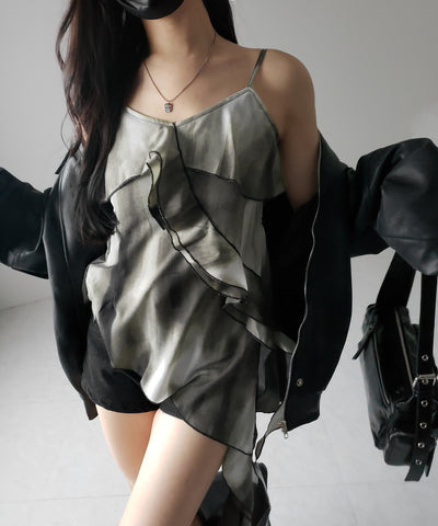 タイダイサテンアシンメトリーフリルキャミソールビスチェ ／ tiedye satin asymmetry frill camisole bustier