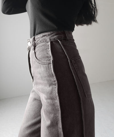 【 ３color ／ ４size 】サイドタック切替ハイウエストストレートデニム ／side tack kirikae highwaist straight denim