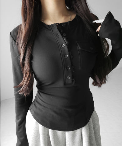 【 裏起毛 】レースドッキングヘンリーネックトップス ／ lace docking henley neck tops