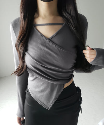 【 ３color 】ラインストラップギャザークロスレイヤードトップス ／ line strap gather cross layered Tops