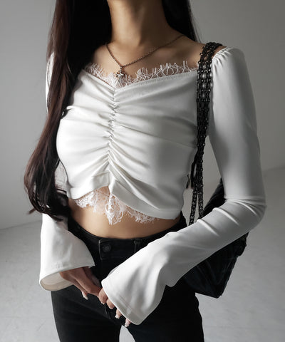 【 ２color 】レースドッキングシャーリングショートカットソートップス ／ lace docking shirring short cutsew tops