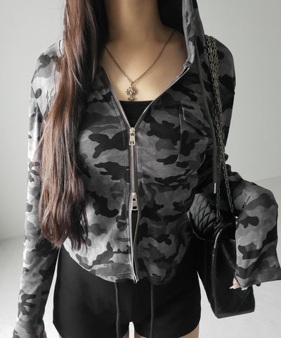 ヴィンテージカモフラダブルジップカットパーカー ／ vintage camouflage double zip cut hoodie