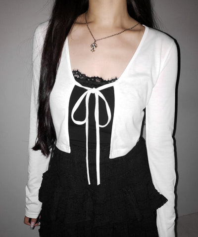 【 ２color 】フロントリボンカットソーショートカーディガン ／ front ribbon cutsew short cardigan