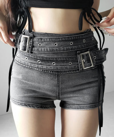 ダブルベルテッドマイクロミニデニムショートパンツ ／ double belted micro mini denim short pants