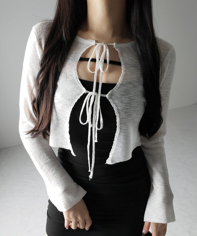 【 ２color 】ダブルリボンシアーニットショートカーディガン ／ double ribbon sheer knit short cardigan