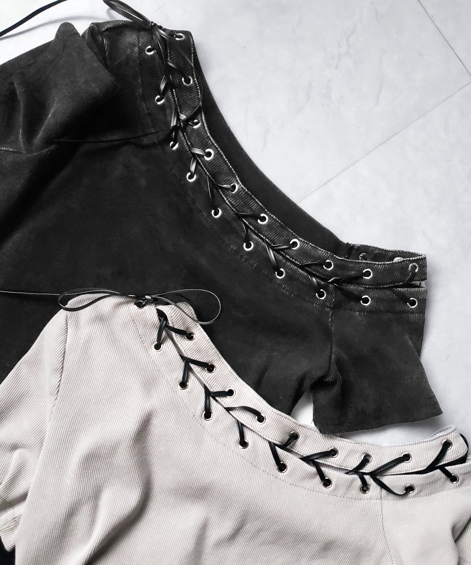 ヴィンテージカットアウトレースアップ半袖ワンショルリブトップス ／ vintage cutout laceup short sleeve one shoulder lib tops