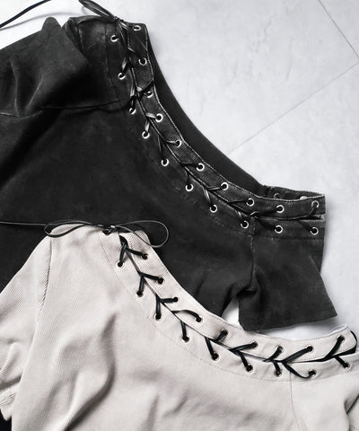 ヴィンテージカットアウトレースアップ半袖ワンショルリブトップス ／ vintage cutout laceup short sleeve one shoulder lib tops