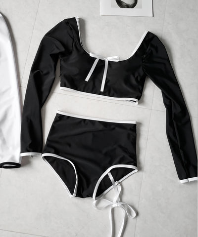 【 レディース水着／２点セット 】フロントリボンモノトーンハイウエストビキニ ／ front ribbon monotone high waist bikini