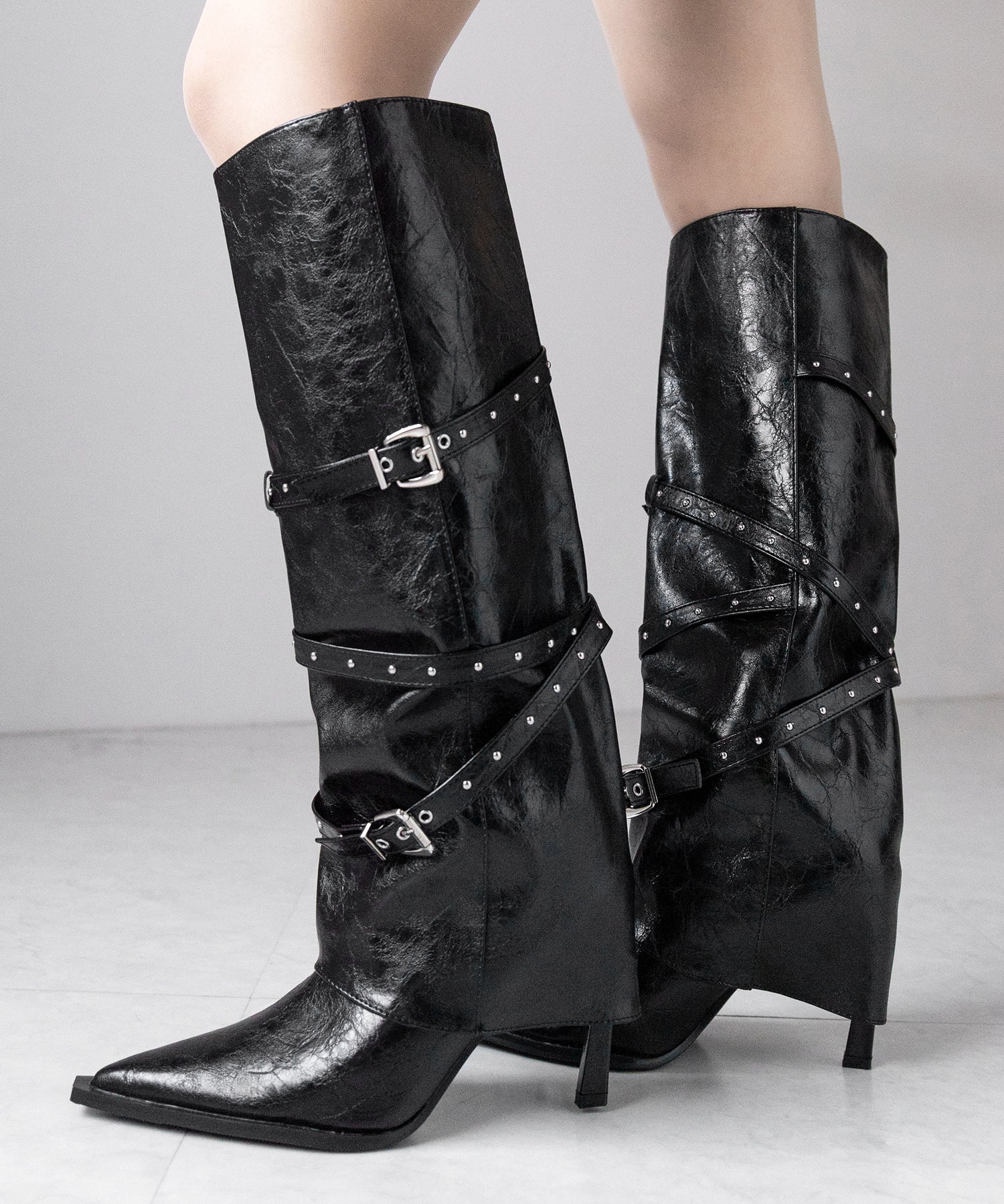 ヴィンテージレザーベルテッドロングカバーブーツ ／vintage leather belted long cover boots