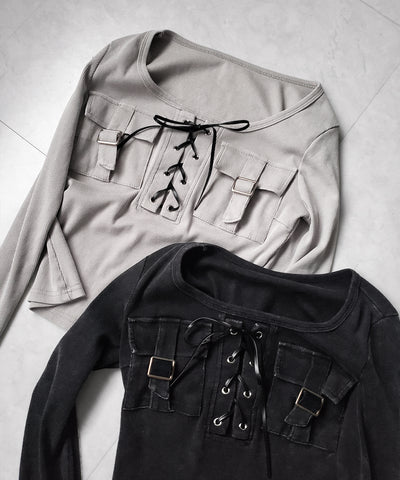 ヴィンテージレースアップアウトポケットスクエアリブロンT ／ vintage laceup outpocket square lib long slleve T-shirts