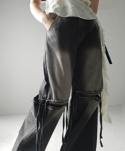 【 ４size ／ ２color 】カットアウトストラップヴィンテージルーズデニム ／ cutout strap vintage loose denim