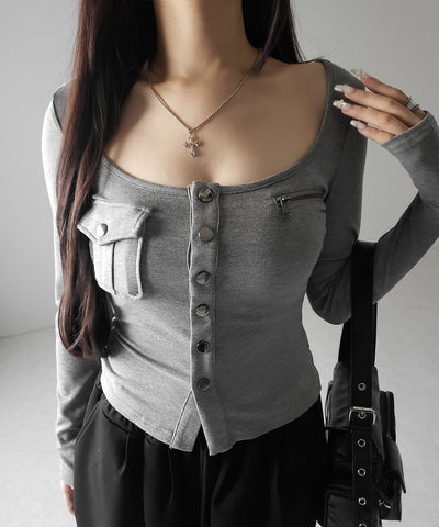 アウトポケットスクエアネック長袖スリムTシャツ ／Out pocket square neck long sleeve slim T-shirt