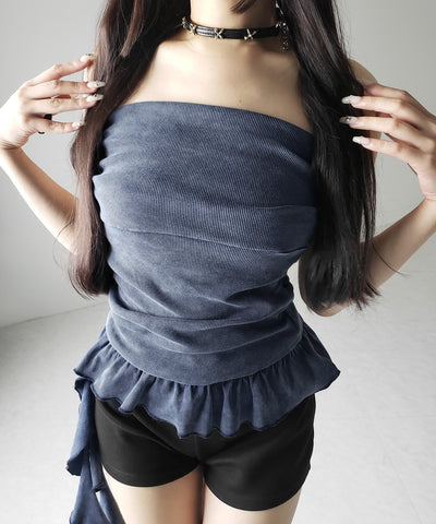 【 ２color 】ヴィンテージピグメントフリルベアトップス ／ vintage pigment frill bare tops