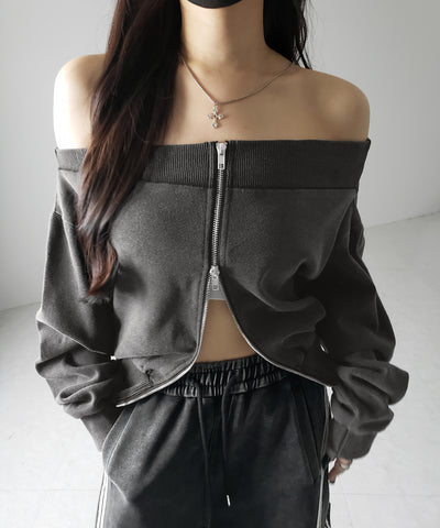 【 ２color 】ダブルジップピグメントオフショルスウェットトップス ／ double zip pigment off shoulder sweat tops
