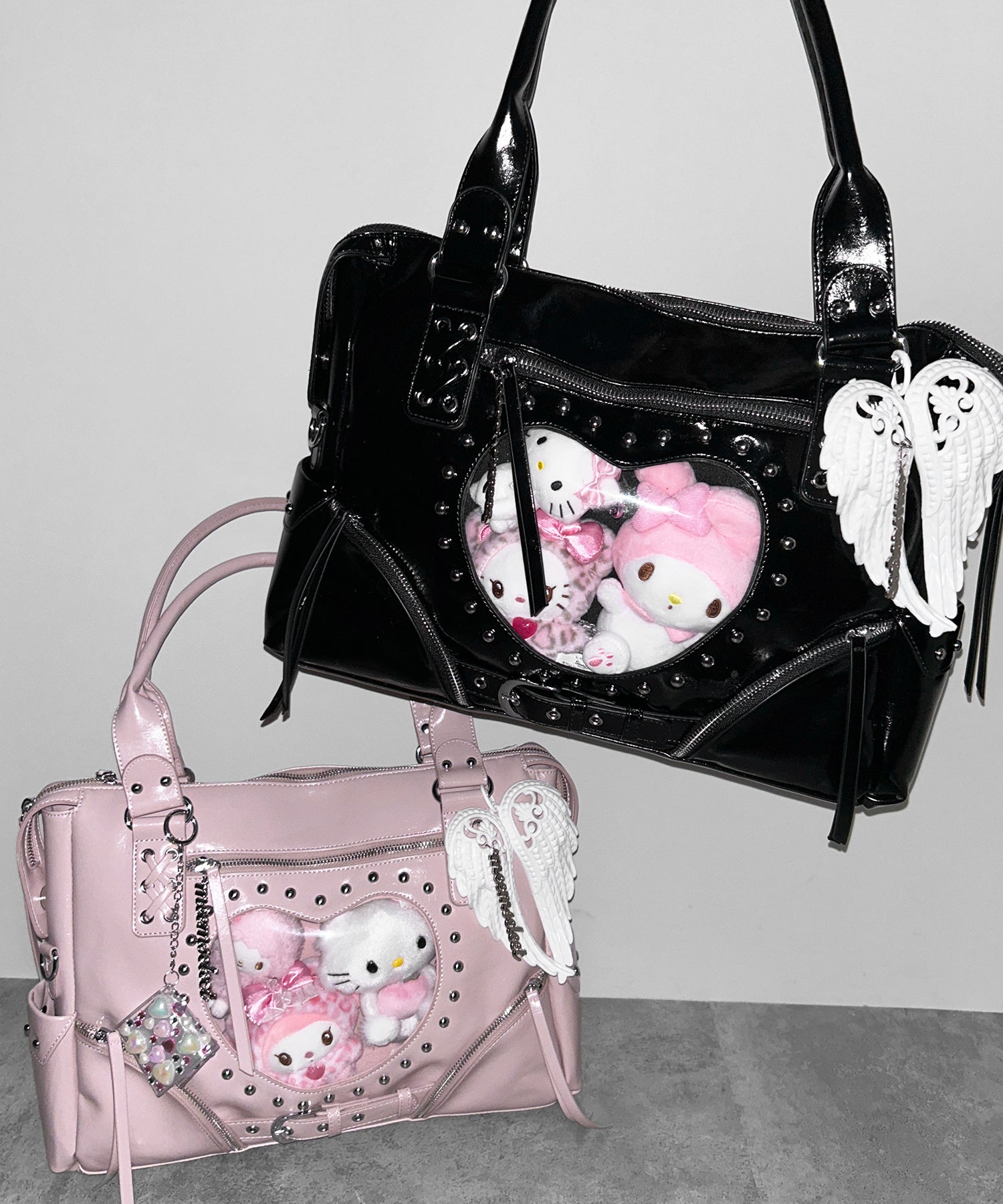 【 限定先行販売 】ハートクリアポケットスタッズフェイクレザートートバッグ ／ heart clear pocket studs fake leather tote bag