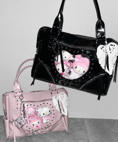 【 限定先行販売 】ハートクリアポケットスタッズフェイクレザートートバッグ ／ heart clear pocket studs fake leather tote bag