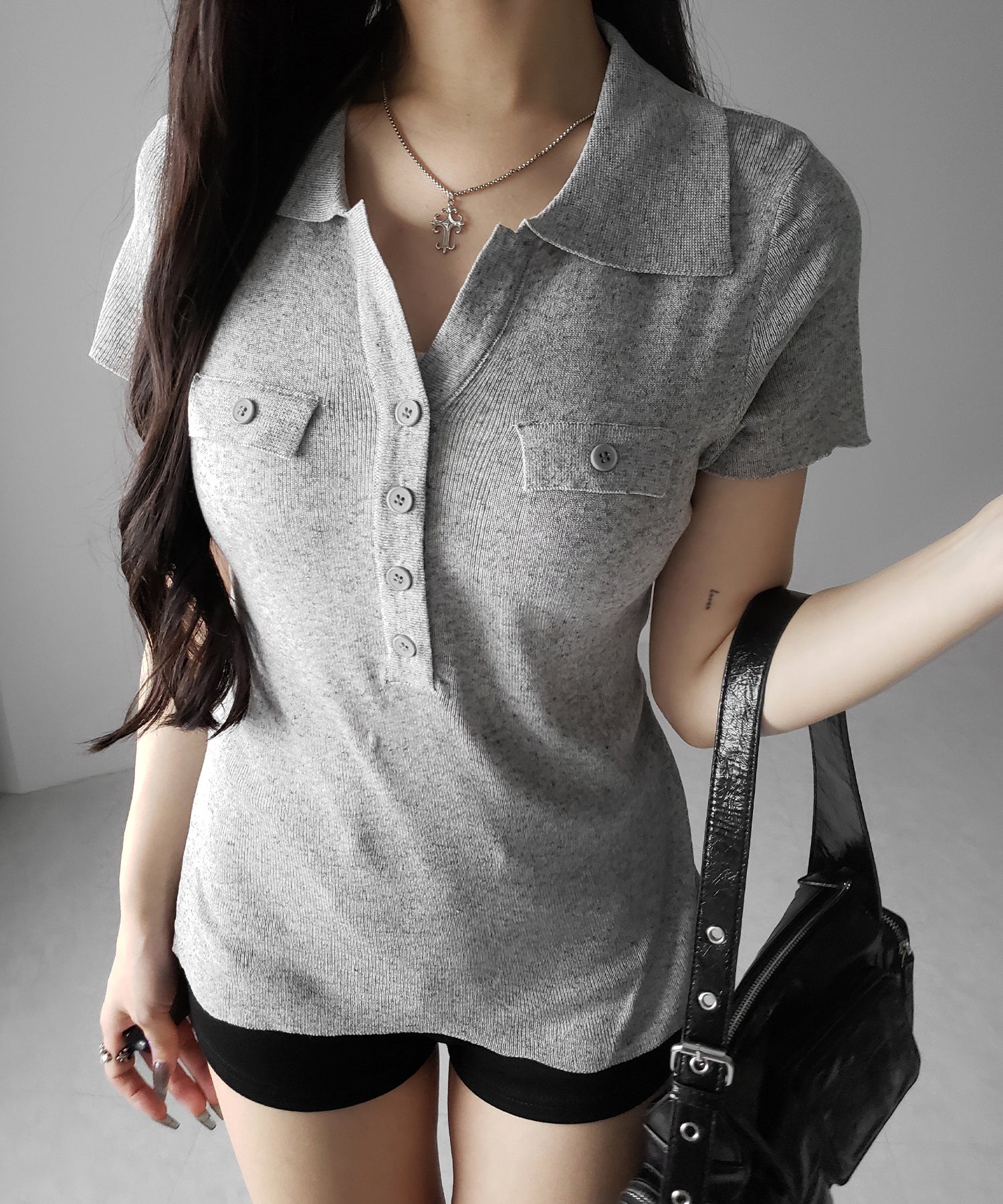 スキッパーボタンロングシアーニットトップス ／ skipper button long sheer knit tops