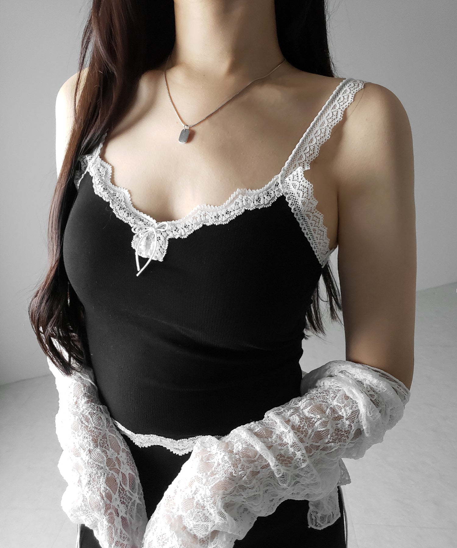 【 ３color 】バイカラーレースクロップドリブキャミソール ／ bicolor lace cropped rib camisole