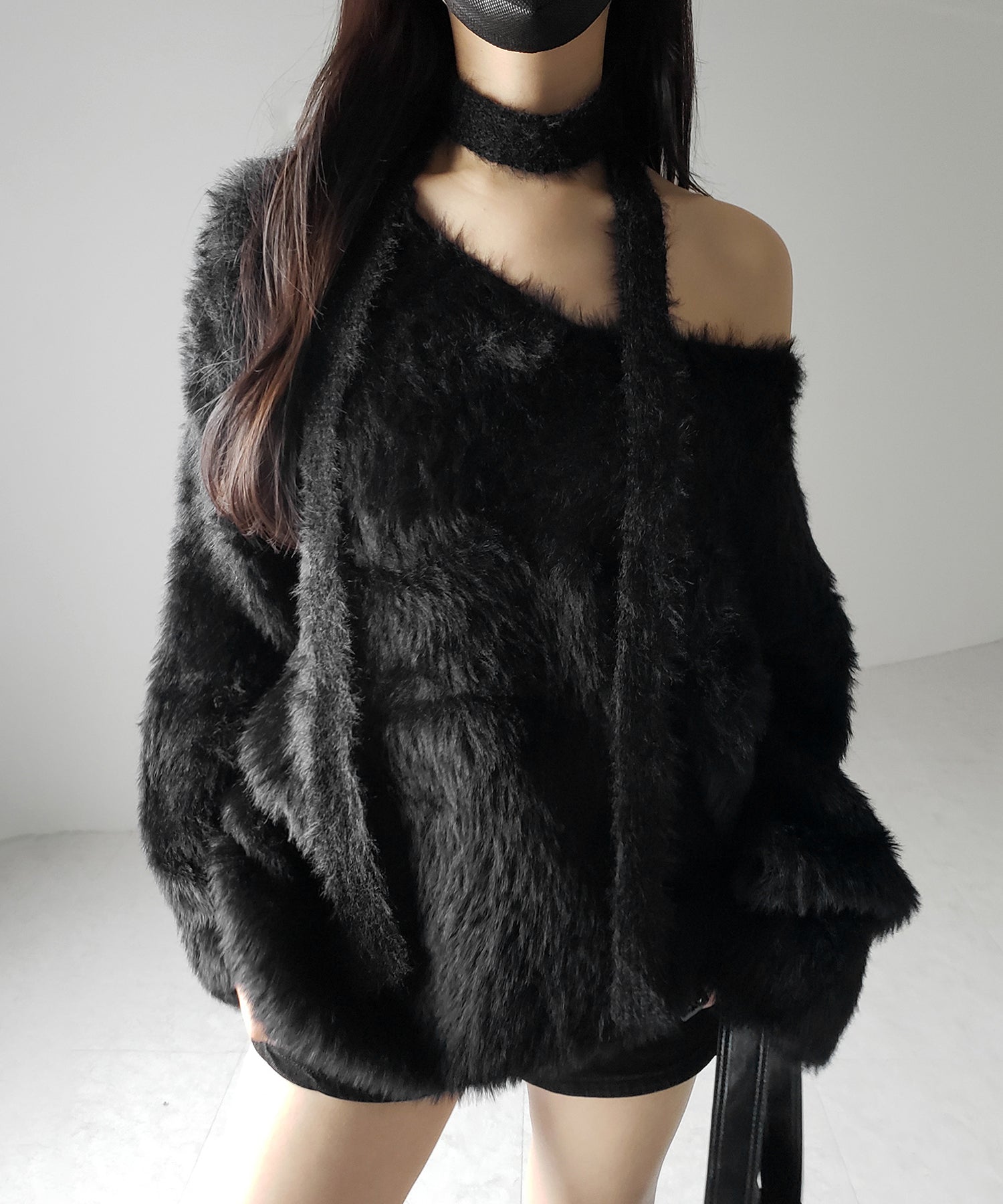 【 ２color 】チョーカータイ付きルーズシャギーニット ／ choker tie set loose shaggy knit