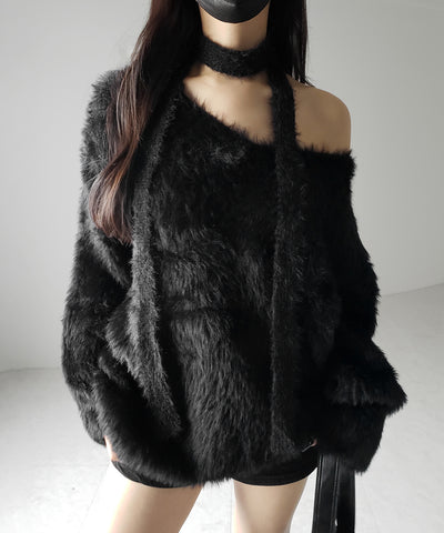 【 ２color 】チョーカータイ付きルーズシャギーニット ／ choker tie set loose shaggy knit
