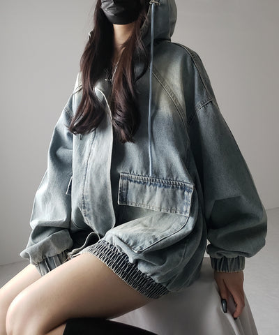 【 ２color 】ヴィンテージデニムダブルジップフードブルゾン ／ vintage denim double zip hoodie blouson