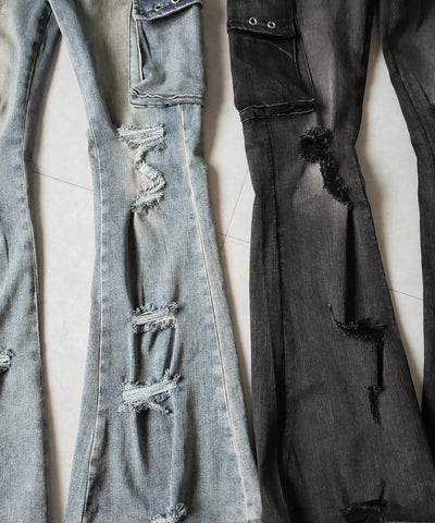 【 ２color ／ ４size 】カーゴデザインヴィンテージライクダメージストレッチフレアデニム ／ cargo design vintage-like damage stretch flare denim