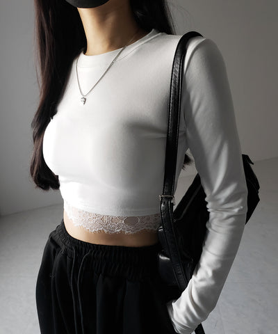 【 裏起毛 】裾レースドッキングショートＴシャツ ／ hem lace docking short Tee
