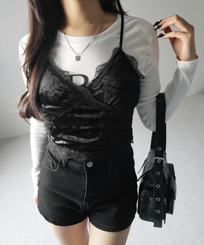 【 カップ付き 】レーシーベロアショートビスチェキャミソール ／ velor lacy short bustier camisole