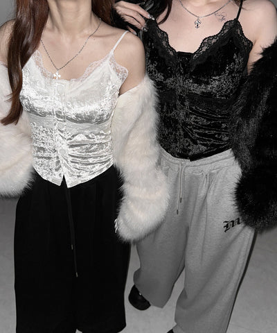 フロントボタンレースベロアショートキャミソール ／ front button lace velor short camisole