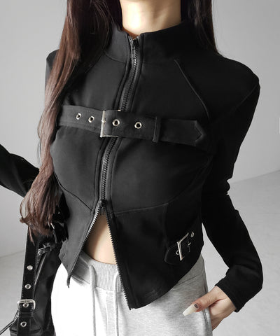スタンドカラーベルテッドダブルジップスリムトップス ／ stand collar belted double zip slim tops