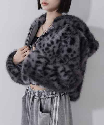 レオパードフェイクファーフーディショートコート ／ reopard fakefur hoodie short coat