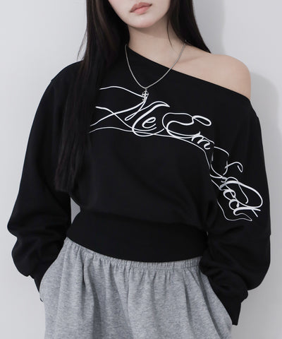レタリングロゴワンショルショートスウェットライクトップス ／ lettering logo one-shoulder short sweatlike tops