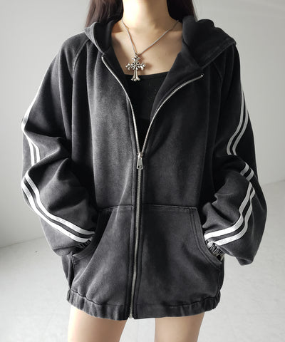 ピグメントヴィンテージ加工サイドラインジップアップパーカー ／ Pigment vintage side line zip-up hoodie