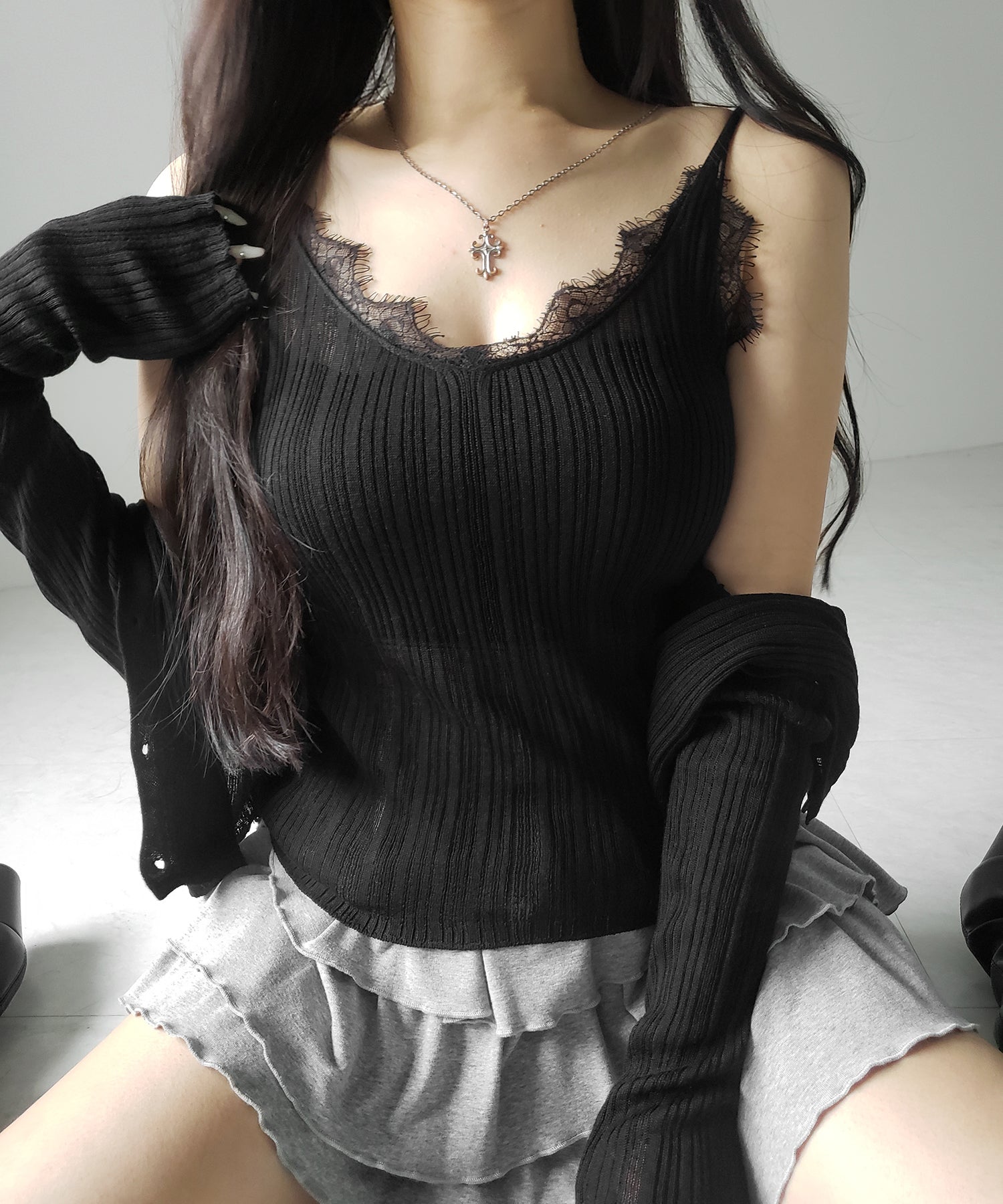 【 ２点セット 】レースニットキャミソール ＋ シアーニットカーディガン SET ／ lace knit camisole + sheer knit cardigan SET