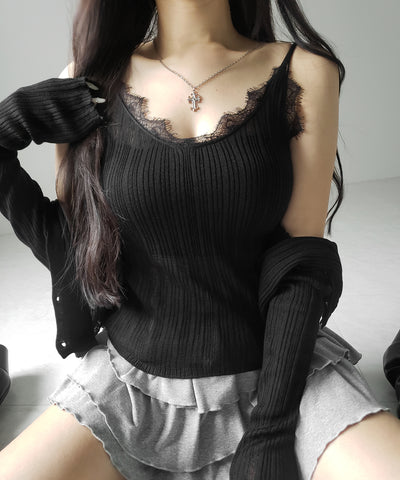 【 ２点セット 】レースニットキャミソール ＋ シアーニットカーディガン SET ／ lace knit camisole + sheer knit cardigan SET