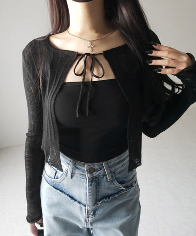 【 ２color 】フロントリボンシアーニットショートカーディガン ／ front ribbon sheer knit short cardigan