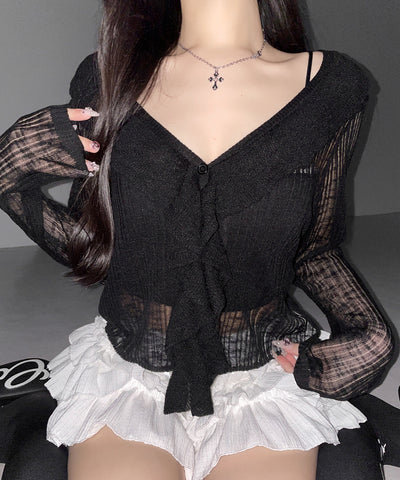 フリルシアールーズニットカーディガン ／ frill sheer loose knit cardigan