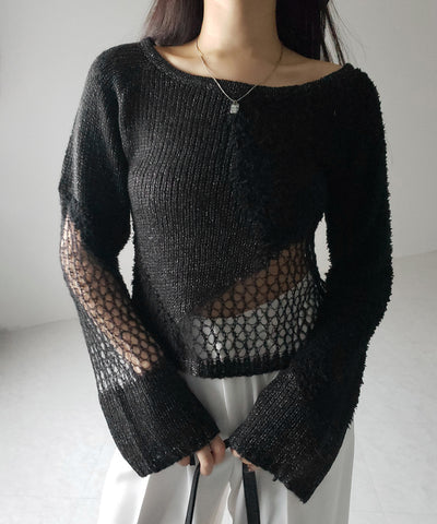 【 ２color 】異素材ドッキングスカシアミニットトップス ／ mixed material docking openwork knit tops