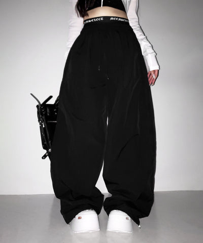 【 ２color ／ 裾絞り可能 】ウエストロゴナイロンライクワッシャーワイドパンツ ／ waist logo nylon-like washer wide pants